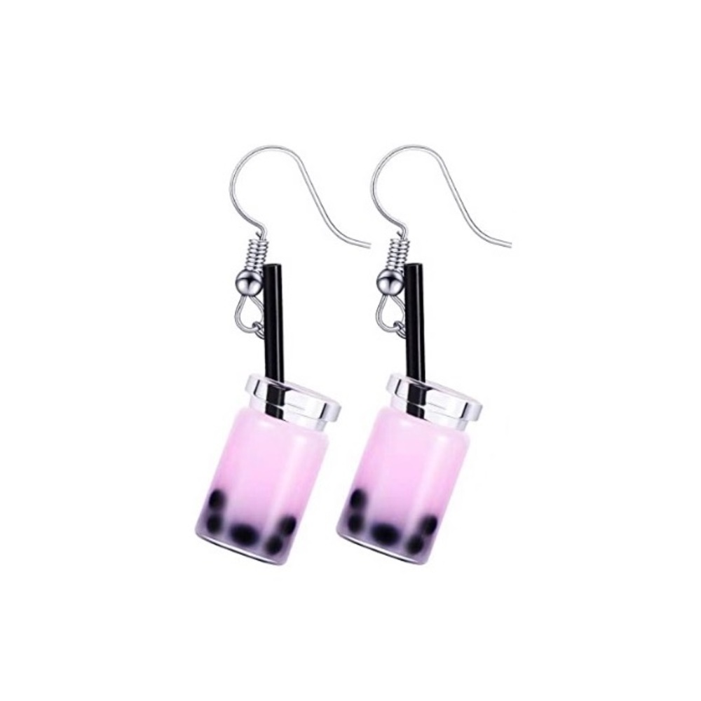 💋Pink Boba Milk Tea Drink in Mason Jar Fun Dangly Earrings